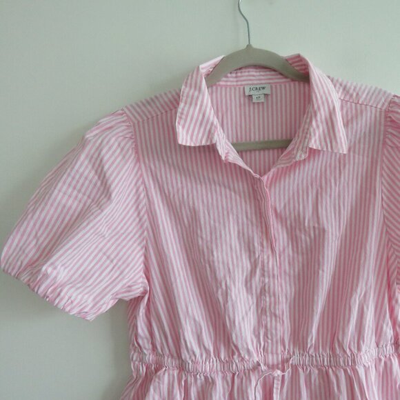 J. CREW Collared Puff Sleeve Mini Shirt Dress Striped Cotton Pink White Preppy - Picture 4 of 16